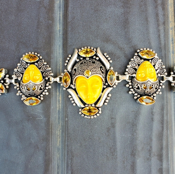 New Carved Yellow 3 Goddess Face Citrine 925 Silver Bracelet. - Picture 9 of 16
